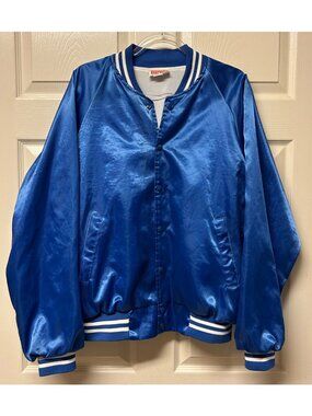Vintage Hartwell Blue Satin Varsity Bomber Jacket Snaps Striped Trim Sz L Retro